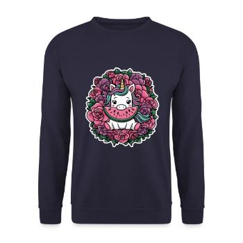 Kawaii Einhorn mit Rosen und Melone - Unisex Pullover - Navy - Vorne - Alina (178cm) & Michal (187cm)