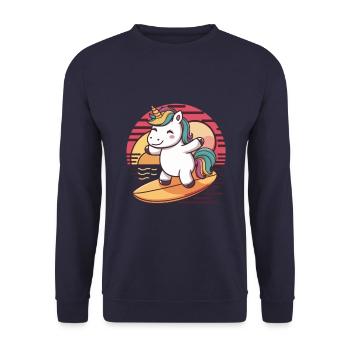 Surfendes Kawaii Einhorn mit Surfbrett - Unisex Pullover - Navy - Vorne - Alina (178cm) & Michal (187cm)