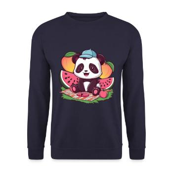 Kawaii Panda mit Pfirsichen und Wassermelonen - Unisex Pullover - Navy - Vorne - Alina (178cm) & Michal (187cm)