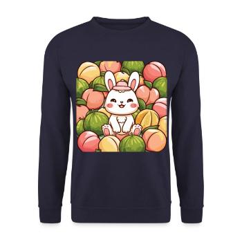 Kawaii Hase mit Pfirsichen und Melonen - Unisex Pullover - Navy - Vorne - Alina (178cm) & Michal (187cm)