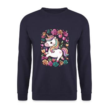 Kawaii Unicorn with Roses and Tulips - Unisex Sweatshirt - navy - Front - Alina (178cm) & Michal (187cm)