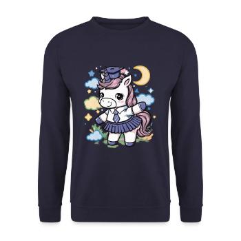 Kawaii Einhorn trägt Schuluniform - Unisex Pullover - Navy - Vorne - Alina (178cm) & Michal (187cm)