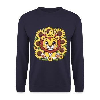 Cartoon Kawaii Lion with Crown and Sunflowers - Unisex Sweatshirt - navy - Front - Alina (178cm) & Michal (187cm)