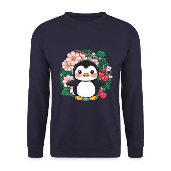 Cartoon Kawaii Pinguin mit Kirschen - Unisex Pullover - Navy - Vorne - Alina (178cm) & Michal (187cm)