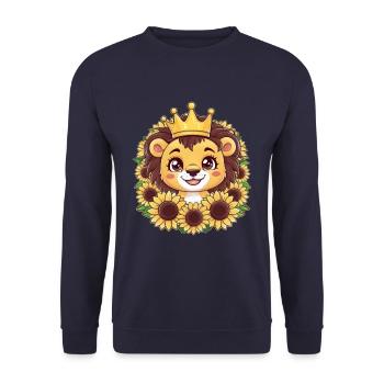 Cartoon Kawaii Lion with Crown and Sunflowers - Unisex Sweatshirt - navy - Front - Alina (178cm) & Michal (187cm)