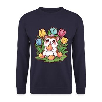 Dessin animé Hamster Kawaii avec des tulipes et des pêches - Sweat-shirt Unisexe - marine - Devant - Alina (178cm) & Michal (187cm)