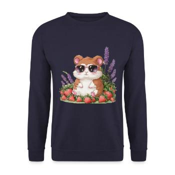 Kawaii Hamster mit Erdbeeren und Lavendel - Unisex Pullover - Navy - Vorne - Alina (178cm) & Michal (187cm)