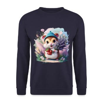 Kawaii Hamster mit Erdbeeren und Lavendel - Unisex Pullover - Navy - Vorne - Alina (178cm) & Michal (187cm)