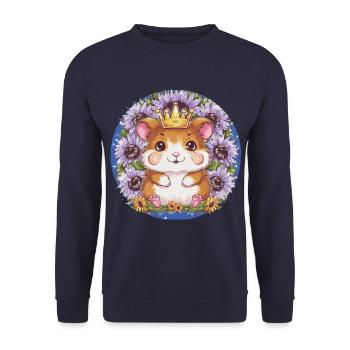 Kawaii Hamster mit Krone und Sonnenblumen - Unisex Pullover - Navy - Vorne - Alina (178cm) & Michal (187cm)