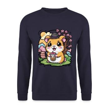 Kawaii Hamster im Cartoon Stil mit Bubble Tea - Unisex Pullover - Navy - Vorne - Alina (178cm) & Michal (187cm)