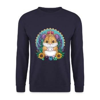 Kawaii Hamster mit Krone und Sonnenblumen - Unisex Pullover - Navy - Vorne - Alina (178cm) & Michal (187cm)