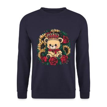 Ours en peluche kawaii avec couronne, roses et tournesols - Sweat-shirt Unisexe - marine - Devant - Alina (178cm) & Michal (187cm)