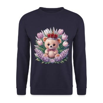 Ours en peluche kawaii avec couronne, tulipes et lilas - Sweat-shirt Unisexe - marine - Devant - Alina (178cm) & Michal (187cm)