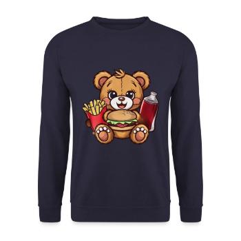 Niedlicher Cartoon Teddybär mit Fast Food - Unisex Pullover - Navy - Vorne - Alina (178cm) & Michal (187cm)