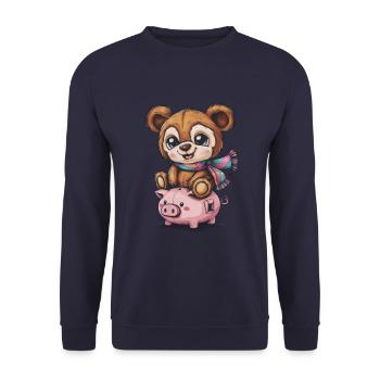 Cute Kawaii Teddy Bear with Piggy Bank - Unisex Sweatshirt - navy - Front - Alina (178cm) & Michal (187cm)