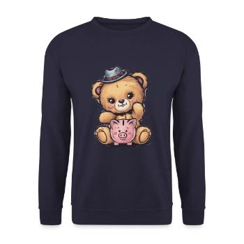 Cute Kawaii Teddy Bear with Piggy Bank - Unisex Sweatshirt - navy - Front - Alina (178cm) & Michal (187cm)