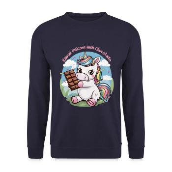 Süßes Kawaii Einhorn mit Schokolade - Unisex Pullover - Navy - Vorne - Alina (178cm) & Michal (187cm)