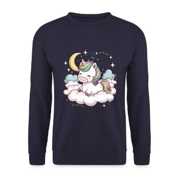 Kawaii Einhorn mit Wolken, Mond und Sternen - Unisex Pullover - Navy - Vorne - Alina (178cm) & Michal (187cm)