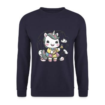 Kawaii Einhorn mit Gitarre liebt Musik - Unisex Pullover - Navy - Vorne - Alina (178cm) & Michal (187cm)