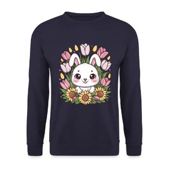 Lapin kawaii avec des tulipes et des tournesols - Sweat-shirt Unisexe - marine - Devant - Alina (178cm) & Michal (187cm)