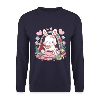 Knuffiger Hawaii Hase mit Tee und Decke - Unisex Pullover - Navy - Vorne - Alina (178cm) & Michal (187cm)