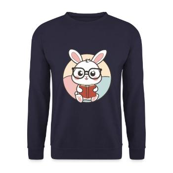 Knuffiger Kawaii Hase mit Brille und Buch - Unisex Pullover - Navy - Vorne - Alina (178cm) & Michal (187cm)