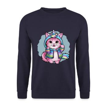 Niedliche Einhorn Katze mit brillanten Farben - Unisex Pullover - Navy - Vorne - Alina (178cm) & Michal (187cm)