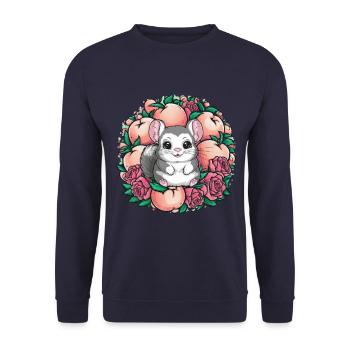 Cartoon Kawaii Chinchilla mit Rosen und Pfirsich - Unisex Pullover - Navy - Vorne - Alina (178cm) & Michal (187cm)
