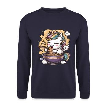 Süßes Kawaii Einhorn mit Nudelsuppe - Unisex Pullover - Navy - Vorne - Alina (178cm) & Michal (187cm)