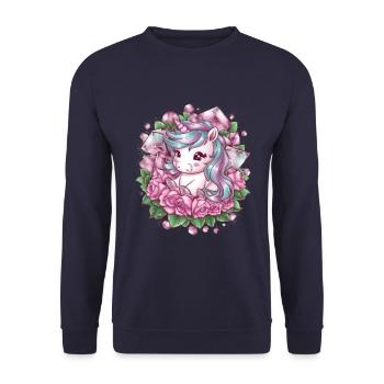 Licorne kawaii avec lit de roses - Sweat-shirt Unisexe - marine - Devant - Alina (178cm) & Michal (187cm)