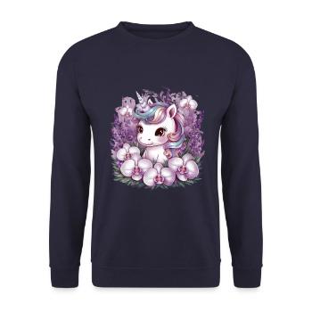 Licorne Kawaii avec orchidées - Sweat-shirt Unisexe - marine - Devant - Alina (178cm) & Michal (187cm)