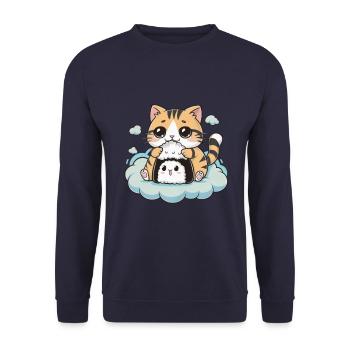 Chat Kawaii mignon avec onigiri - Sweat-shirt Unisexe - marine - Devant - Alina (178cm) & Michal (187cm)
