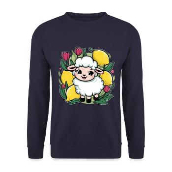 Kawaii Cartoon Sheep with Lemons and Tulips - Unisex Sweatshirt - navy - Front - Alina (178cm) & Michal (187cm)