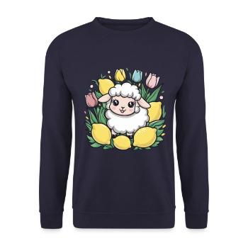 Kawaii Cartoon Sheep with Lemons and Tulips - Unisex Sweatshirt - navy - Front - Alina (178cm) & Michal (187cm)