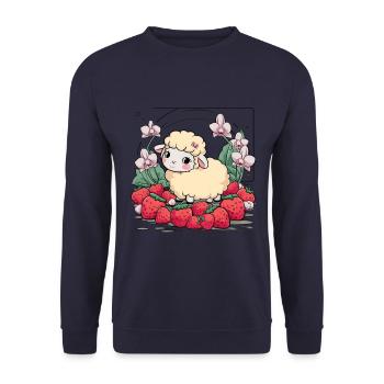 Cute Kawaii Sheep with Strawberries & Orchids - Unisex Sweatshirt - navy - Front - Alina (178cm) & Michal (187cm)