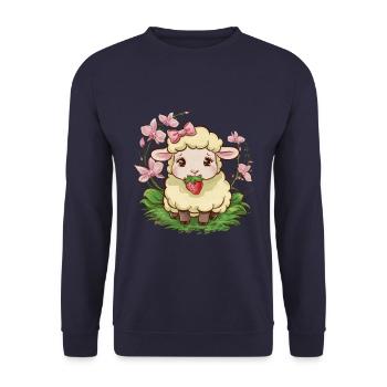 Cute Kawaii Sheep with Strawberries & Orchids - Unisex Sweatshirt - navy - Front - Alina (178cm) & Michal (187cm)