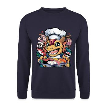 Großer Cartoon Kawaii Drache mit Sushi Platte. - Unisex Pullover - Navy - Vorne - Alina (178cm) & Michal (187cm)