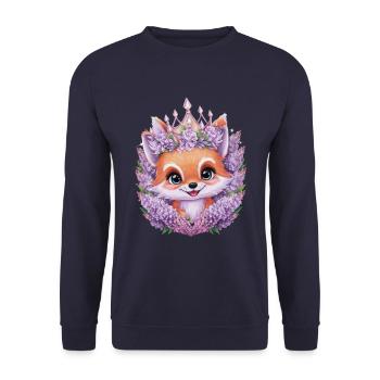 Kawaii Fuchs mit Krone und violetten Blumen - Unisex Pullover - Navy - Vorne - Alina (178cm) & Michal (187cm)