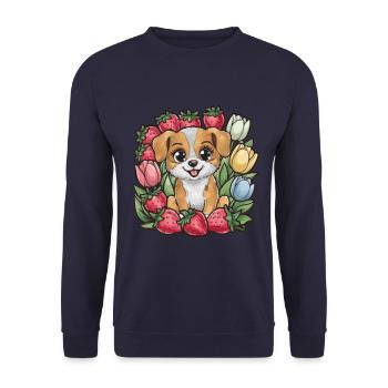 Kawaii Cartoon Hund mit Erdbeeren und Tulpen - Unisex Pullover - Navy - Vorne - Alina (178cm) & Michal (187cm)