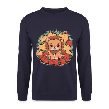Kawaii Löwe mit Erdbeeren und Pfirsichen - Unisex Pullover - Navy - Vorne - Alina (178cm) & Michal (187cm)