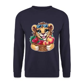 Kawaii Löwe mit Erdbeeren und Pfirsichen - Unisex Pullover - Navy - Vorne - Alina (178cm) & Michal (187cm)