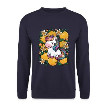 Kawaii Unicorn with Oranges and Daffodils - Unisex Sweatshirt - navy - Front - Alina (178cm) & Michal (187cm)