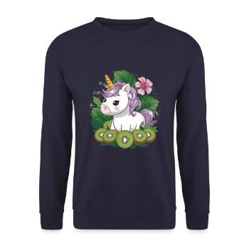 Cartoon Kawaii Einhorn mit Kiwi und Hibiskus - Unisex Pullover - Navy - Vorne - Alina (178cm) & Michal (187cm)