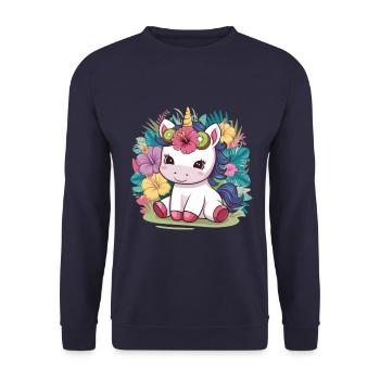Cartoon Kawaii Einhorn mit Kiwi und Hibiskus - Unisex Pullover - Navy - Vorne - Alina (178cm) & Michal (187cm)