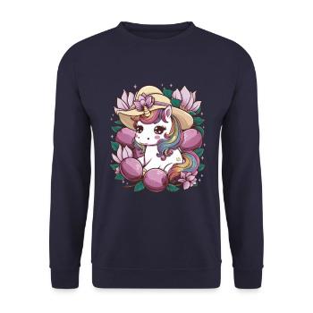 Licorne Kawaii avec des prunes et des fleurs - Sweat-shirt Unisexe - marine - Devant - Alina (178cm) & Michal (187cm)