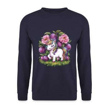 Licorne Kawaii avec des prunes et des fleurs - Sweat-shirt Unisexe - marine - Devant - Alina (178cm) & Michal (187cm)