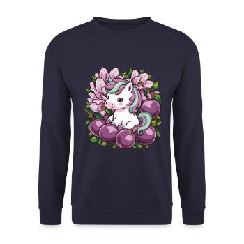 Licorne Kawaii avec des prunes et des fleurs - Sweat-shirt Unisexe - marine - Devant - Alina (178cm) & Michal (187cm)