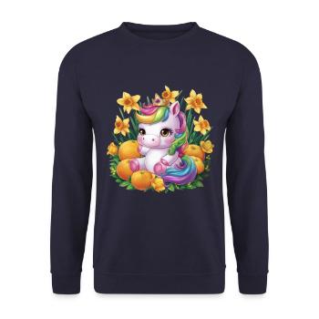 Kawaii Unicorn with Oranges and Daffodils - Unisex Sweatshirt - navy - Front - Alina (178cm) & Michal (187cm)