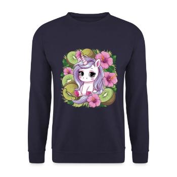 Cartoon Kawaii Einhorn mit Kiwi und Hibiskus - Unisex Pullover - Navy - Vorne - Alina (178cm) & Michal (187cm)