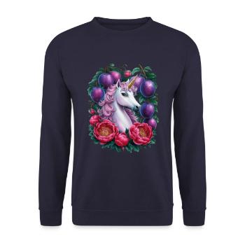 Licorne Kawaii avec des prunes et des fleurs - Sweat-shirt Unisexe - marine - Devant - Alina (178cm) & Michal (187cm)